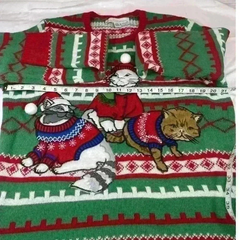 Jolly Ugly christmas embroidered Cat sweater Women’s Large Green Red Color - Picture 5 of 7